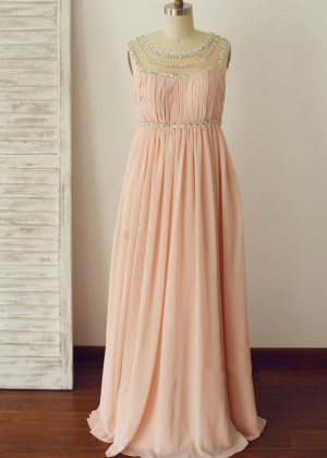 Crystal Beaded Peach Pink Chiffon Timeless Maternity Bridesmaid Dress